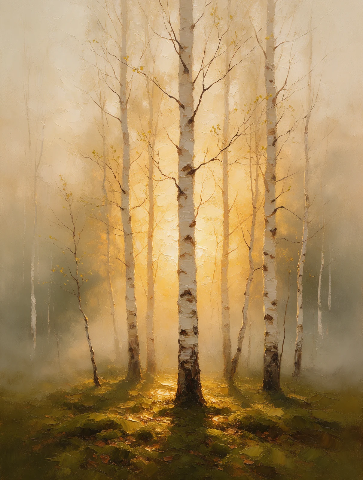 Peinture à l'huile texturée représentant un bosquet de bouleaux au début du printemps enveloppé d'une brume dorée.