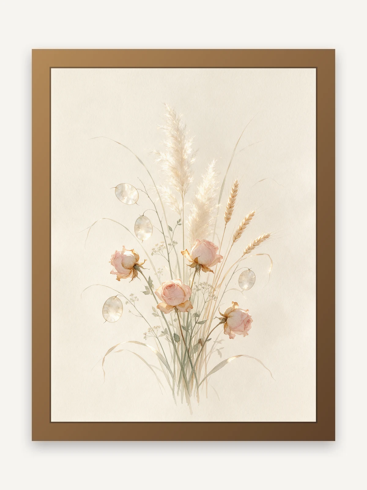 Aquarelle délicate d'un bouquet de fleurs séchées et graminées dans des tons sauge, blush et ocre sur fond de papier texturé.