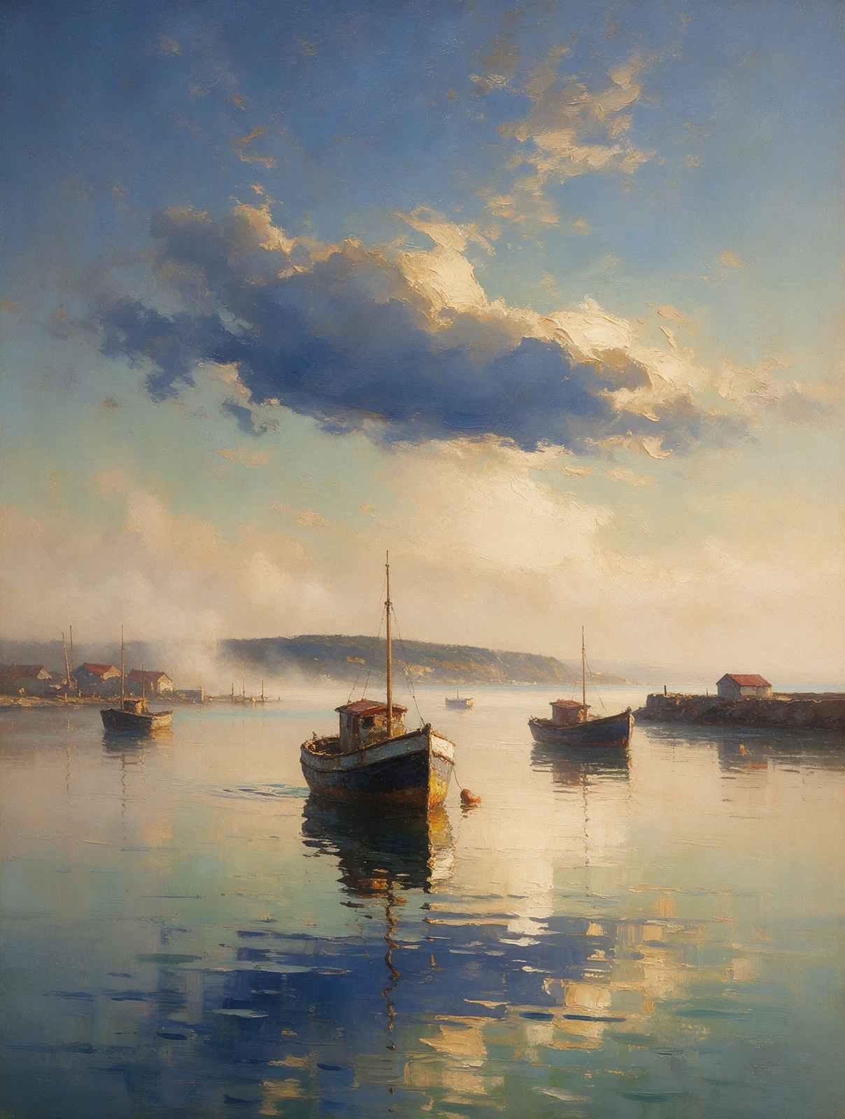 Peinture à l'huile texturée représentant des barques de pêche au repos dans un port paisible sous une lumière dorée après la pluie.