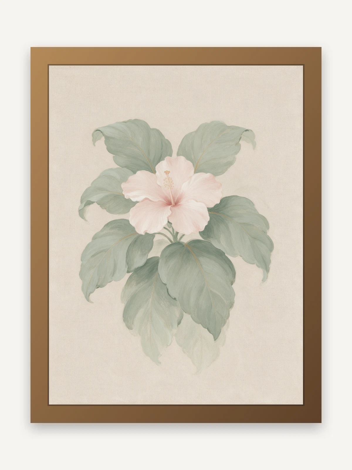 Peinture à la gouache représentant une fleur d'hibiscus rose pâle et de grandes feuilles tropicales vert sauge, centrées sur un fond de lin naturel.