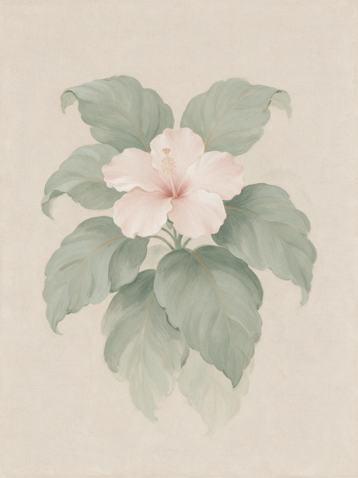 Peinture à la gouache représentant une fleur d'hibiscus rose pâle et de grandes feuilles tropicales vert sauge, centrées sur un fond de lin naturel.