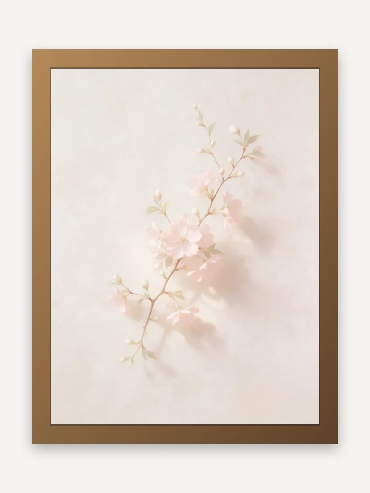 Peinture à l'huile d'une délicate branche de cerisier aux fleurs blanc crème et rose poudré sur un fond clair effet plâtre.