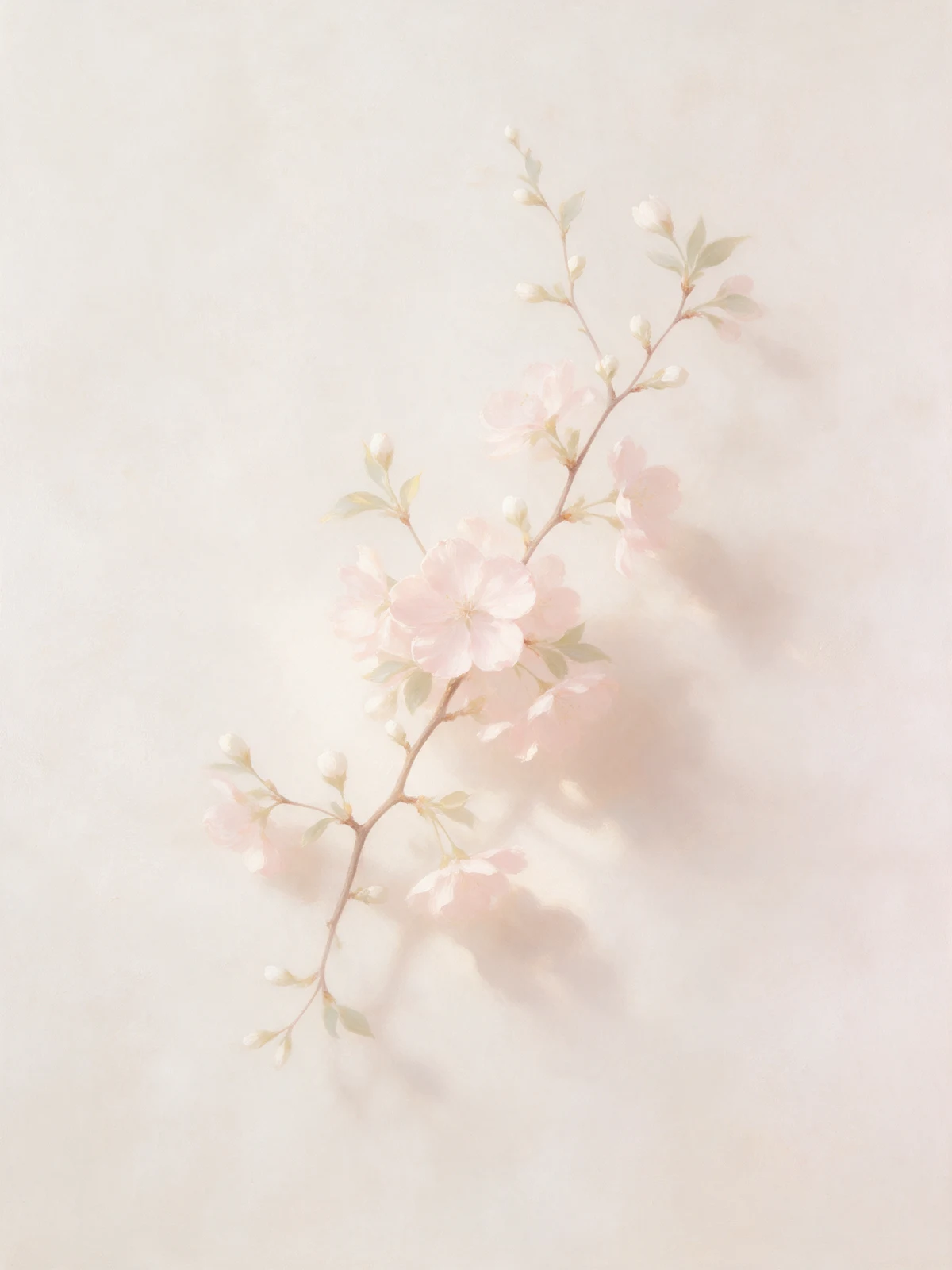 Peinture à l'huile d'une délicate branche de cerisier aux fleurs blanc crème et rose poudré sur un fond clair effet plâtre.