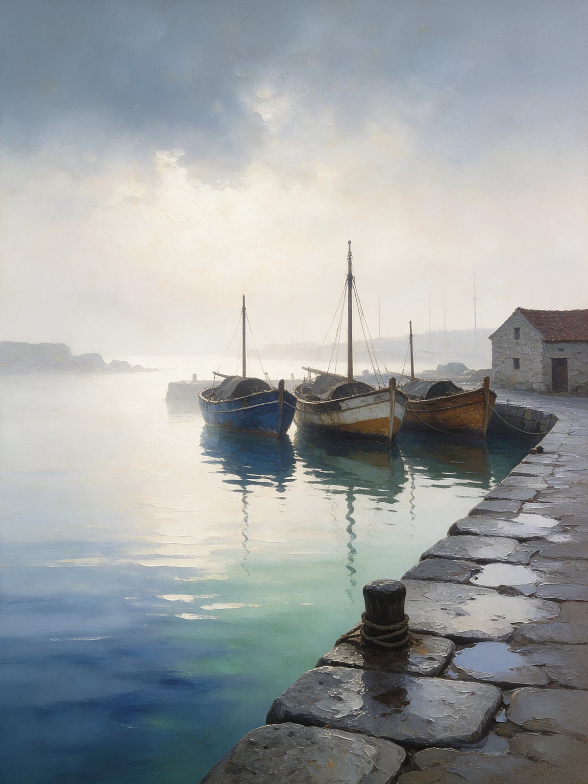 Tableau à l'huile représentant des barques de pêche amarrées dans un port brumeux sous une douce lumière matinale après la pluie.